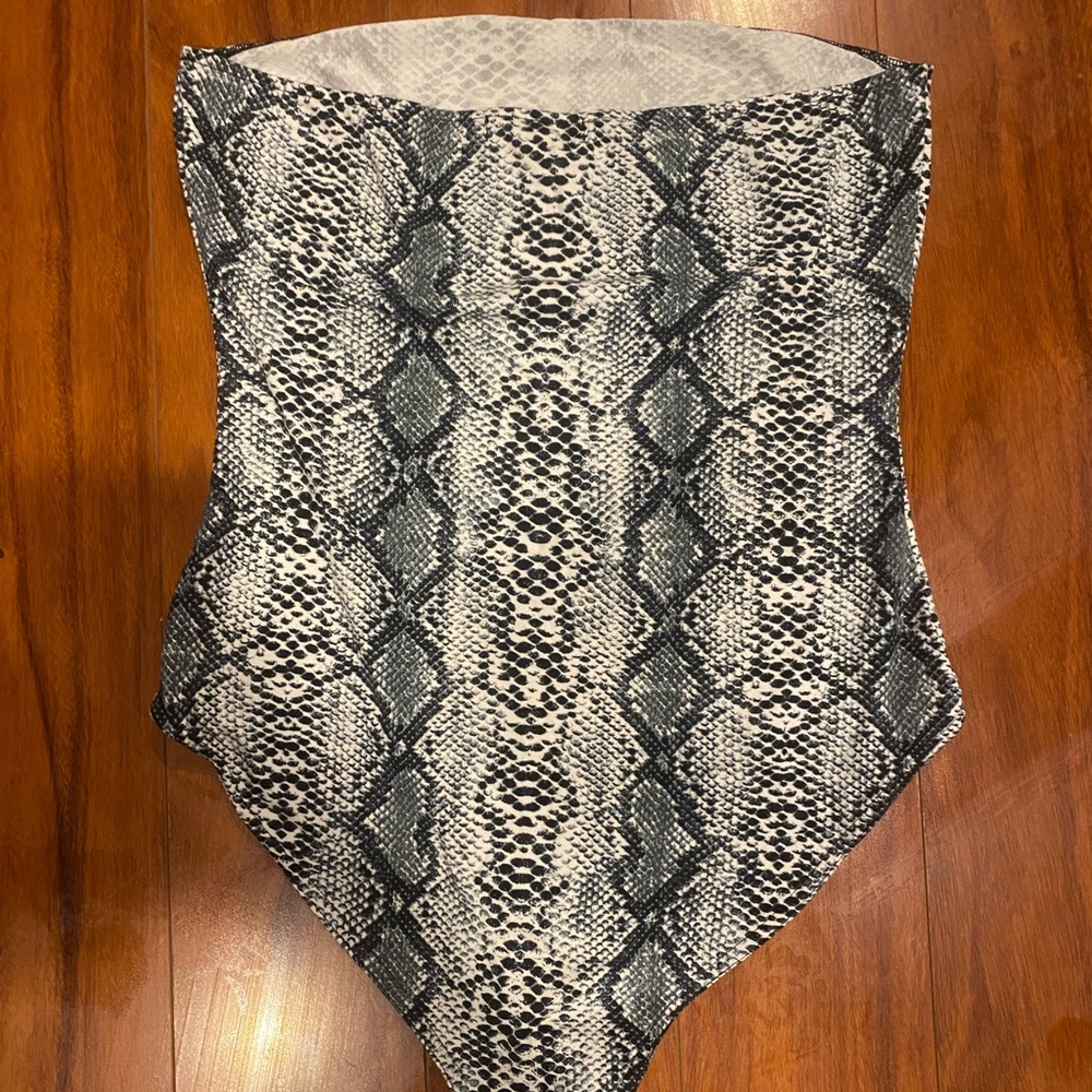 Snake Skin strapless bodysuit.